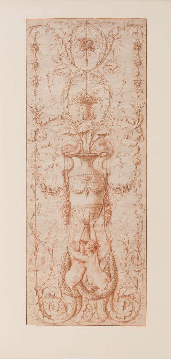 Design for a Decorative Panel with Two Sirens Holding a Vase Embellished with Dolphins and other Decorative Motifs